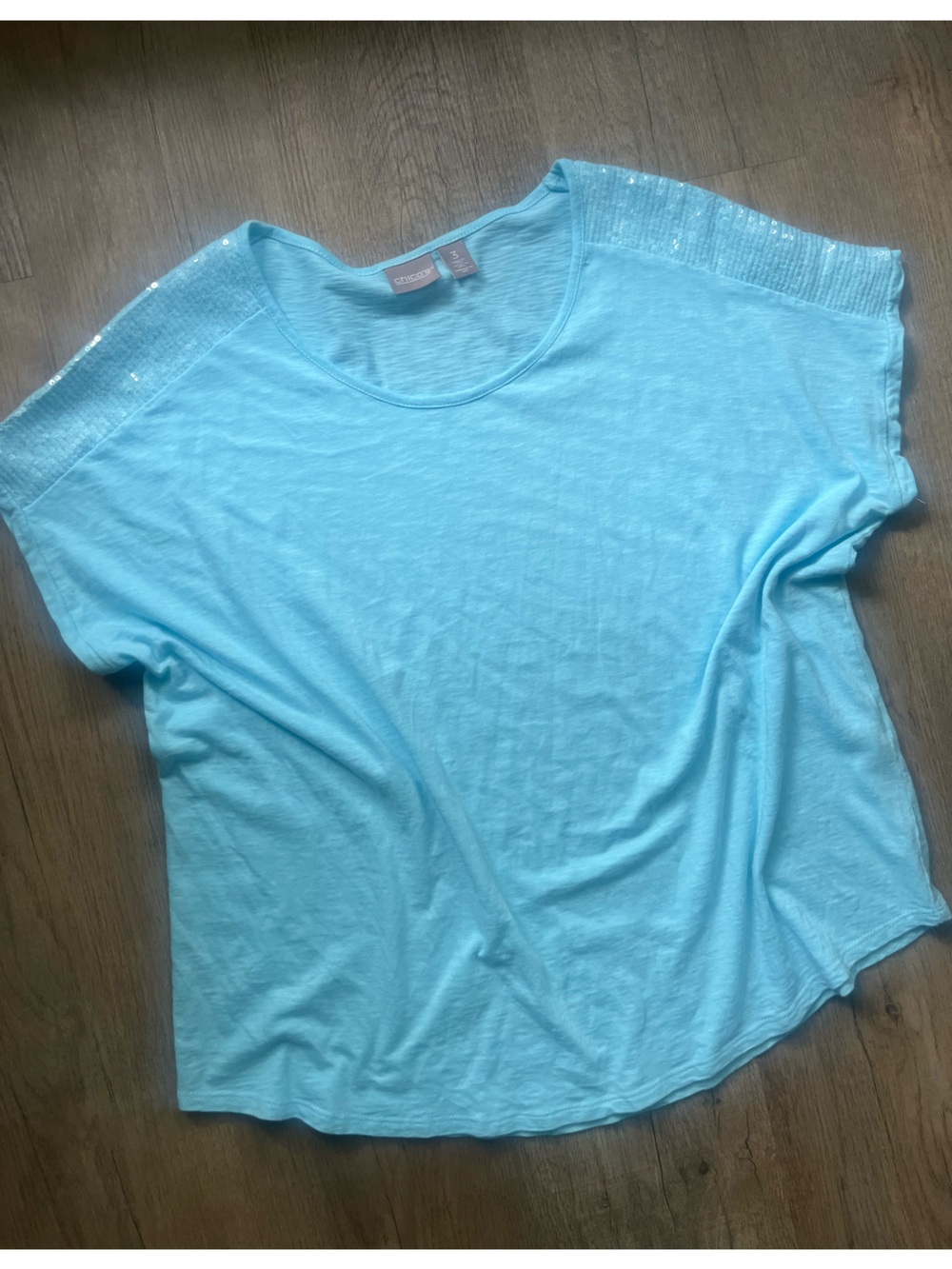 Chico's Bright Aqua Short Sleeve Tee with Sequin Accent